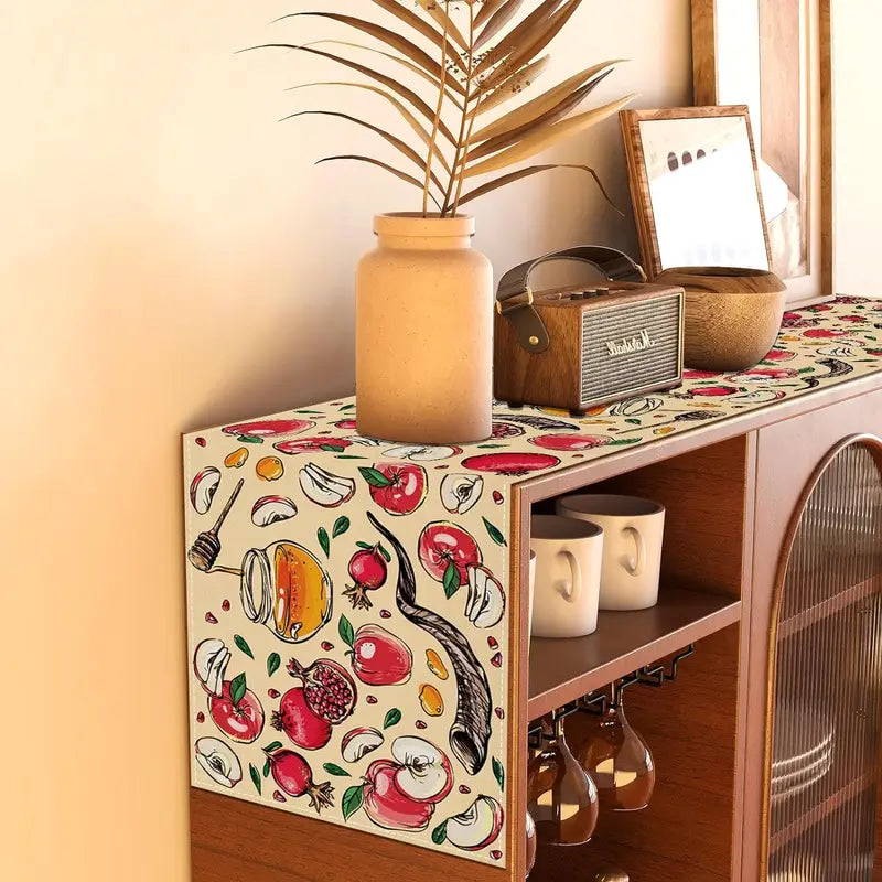 Linen Table Runner for Holidays Weddings & Events - Pomegranate Honey Shofar Design