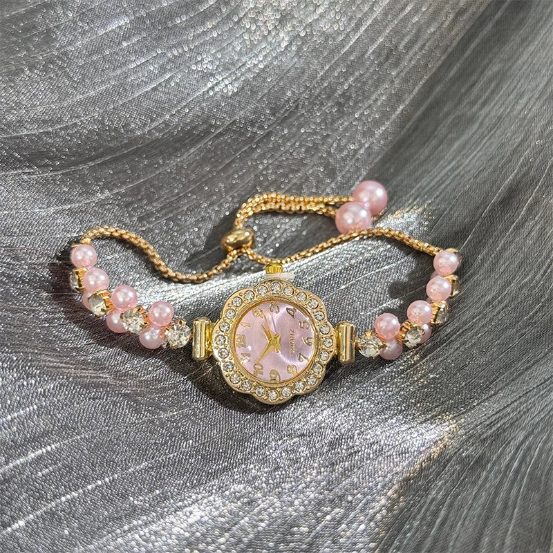 Luxury Double-Row Pearl Quartz Watch with Diamond-Encrusted Case for Ladies