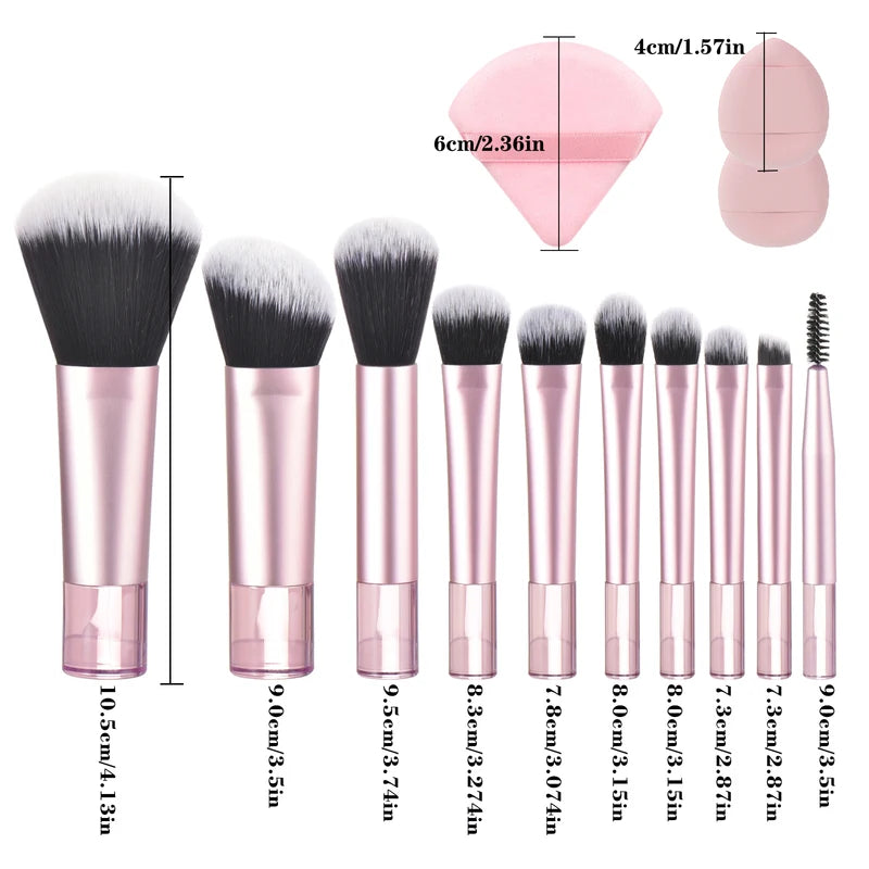 Mini Makeup Brush Set Travel Portable Cosmetic Tool Kit - 10 Pink Handles