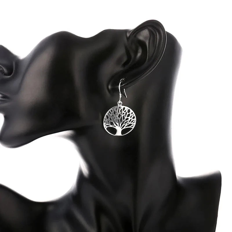 925 Sterling Silver Earrings for Women Hollow Carved Round Tree Christmas Gift Jewelry
