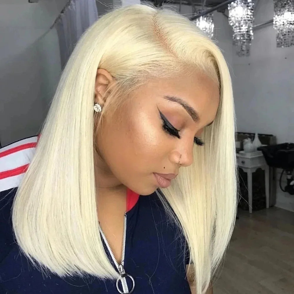 Blonde Short Bob Human Hair Lace Front Wigs 8-14 Inch 200 Density for Women