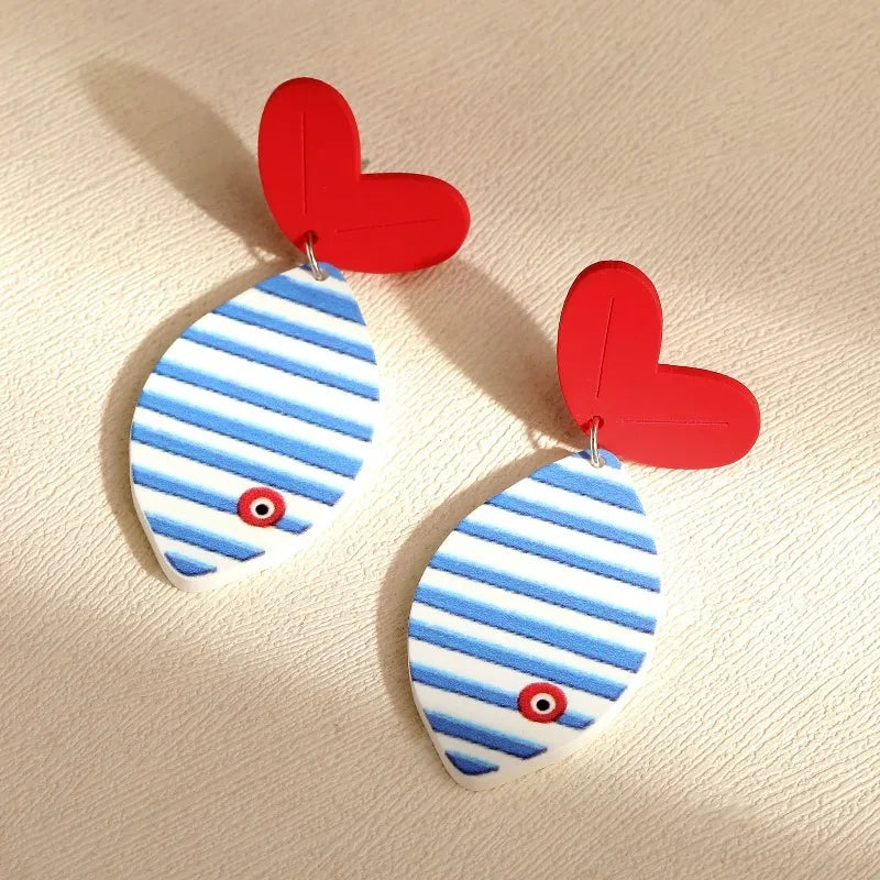Summer Beach Nautical Fish & Heart Dangle Earrings for Women
