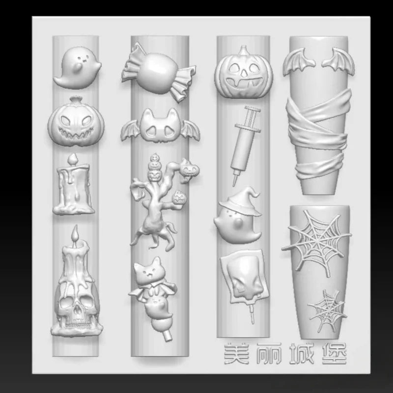 Halloween 3D Nail Decoration Mold Skull Pumpkin Bat Ghost Spider Web Candle Candy