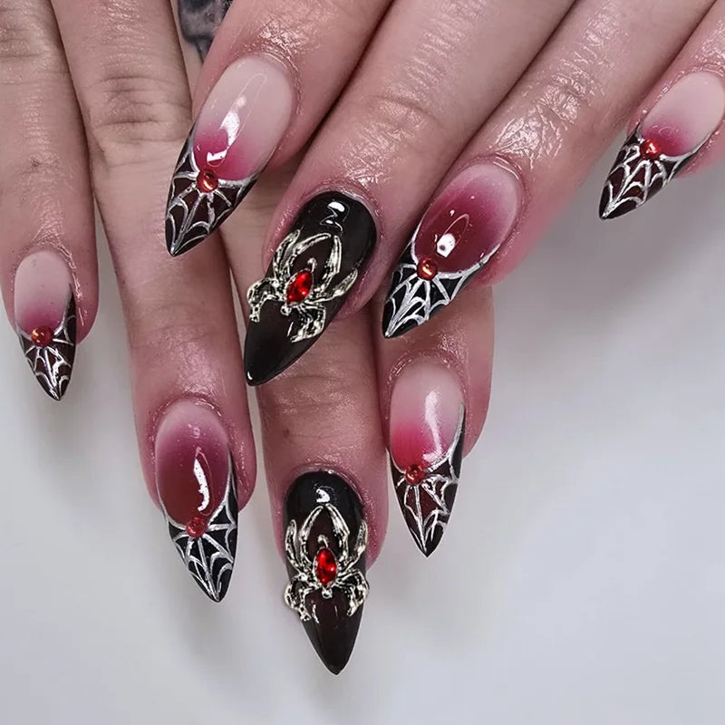24-Pack Gothic Punk Fake Nail Tips - Spider Design, Press-On Almond Nails