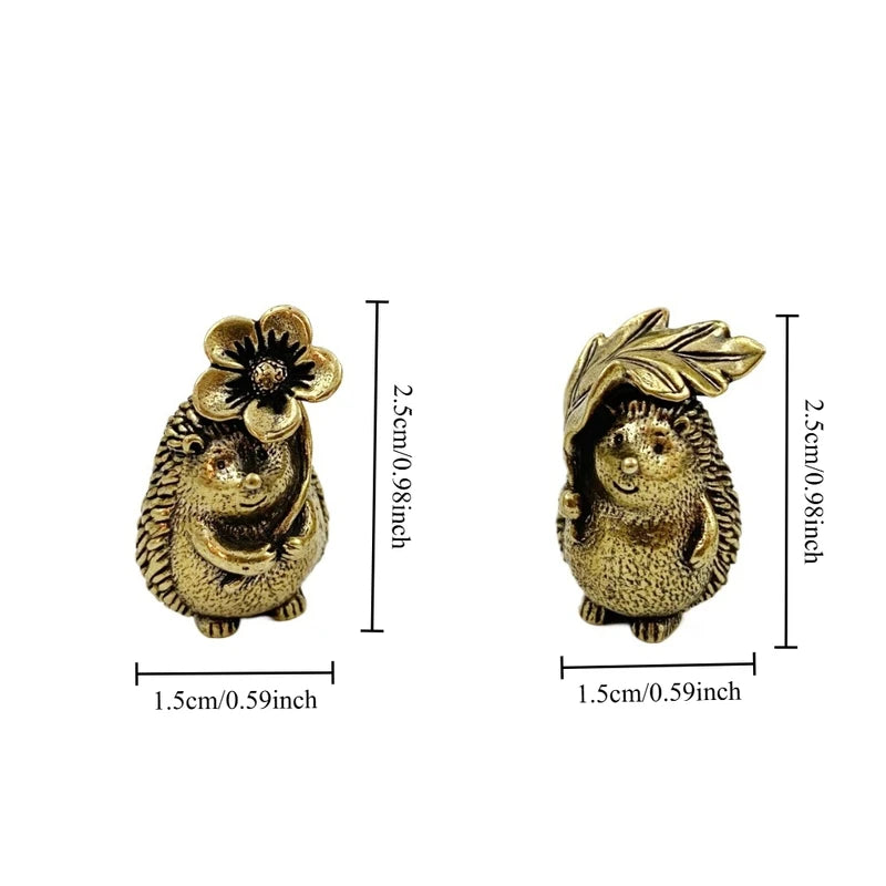 Brass Hedgehog Figurine Set - Collectible Animal Statue with Leaves & Flowers