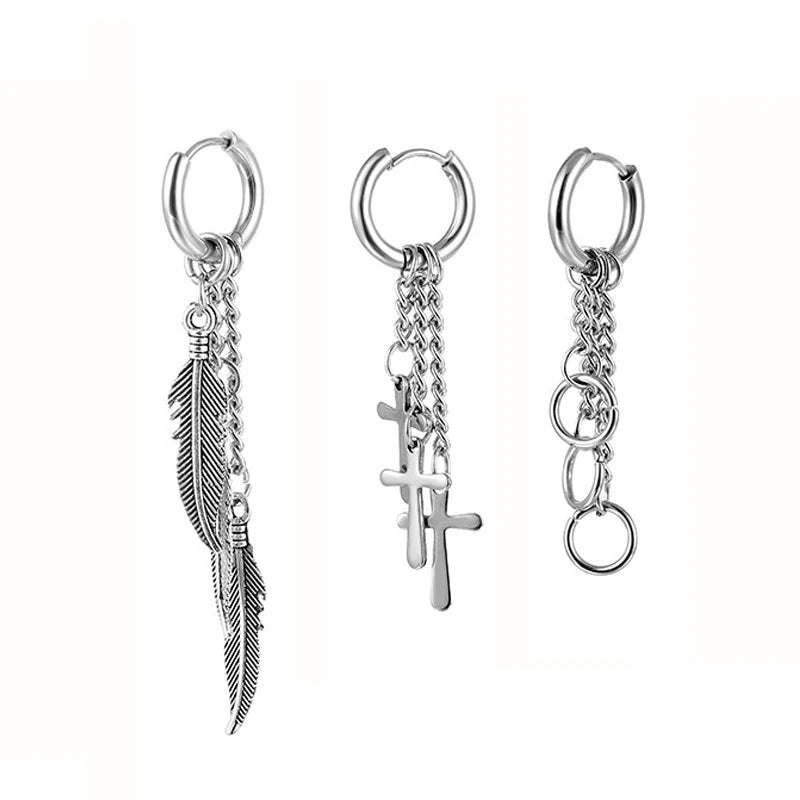 Simple Cross Feather Tassel Earrings for Women Men - Stainless Steel Jewelry