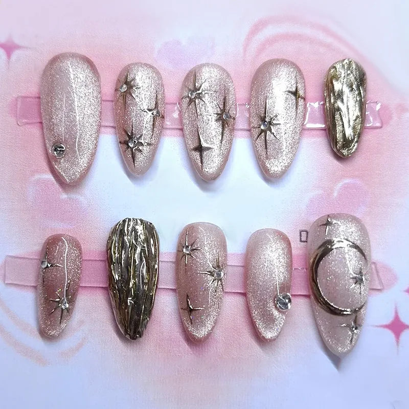 24Pcs Fake Nails Set with Gold Star Pattern - Press On Almond Shape Manicure