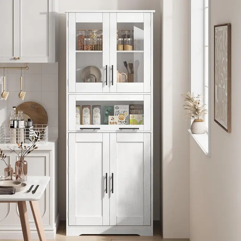 Tall Bathroom Storage Cabinet with Glass Doors and Adjustable Shelves - Freestanding Linen Closet, Kitchen Pantry or Living Room Cupboard