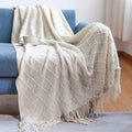 Knitted Throw Blanket Cozy Soft Warm Wool-Feel with Tassels for Couch & Home