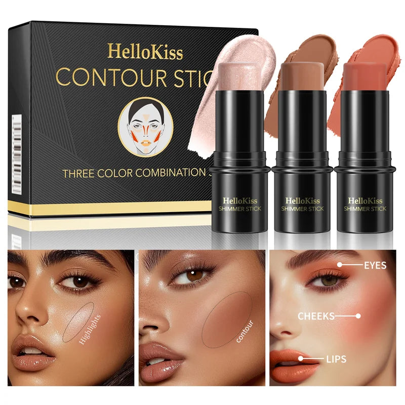 3-Piece Cream Contouring Stick Set for Face - Highlighter, Blush & Contour