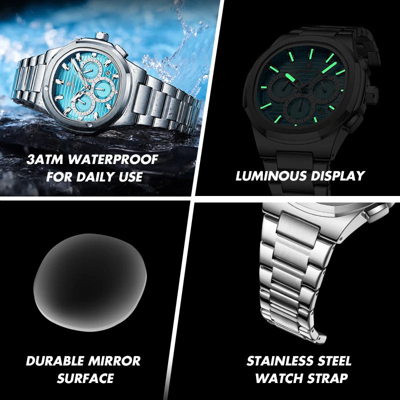 Men's Waterproof Stainless Steel Chronograph Watch with Luminous Dial and Date Function