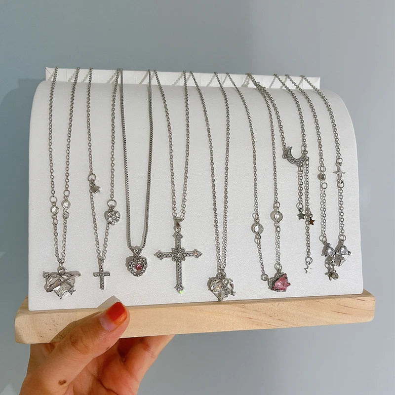 8pcs Y2K Heart Bow Cross Necklace Set for Women - Shiny Clavicle Chain Jewelry