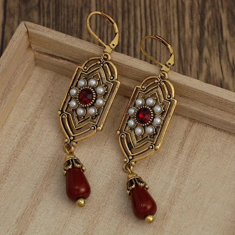 Vintage Women Earrings Gold Square Red Stones Imitation Pearl Party Jewelry