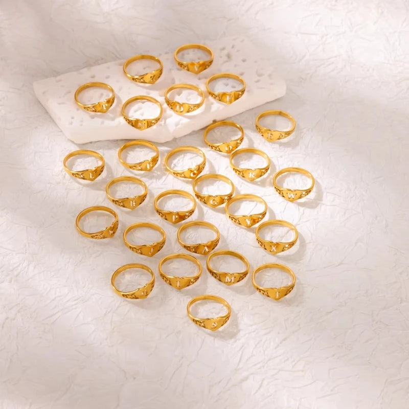 Stainless Steel A-Z Letter Heart Rings for Women - Hollow Initial Jewelry