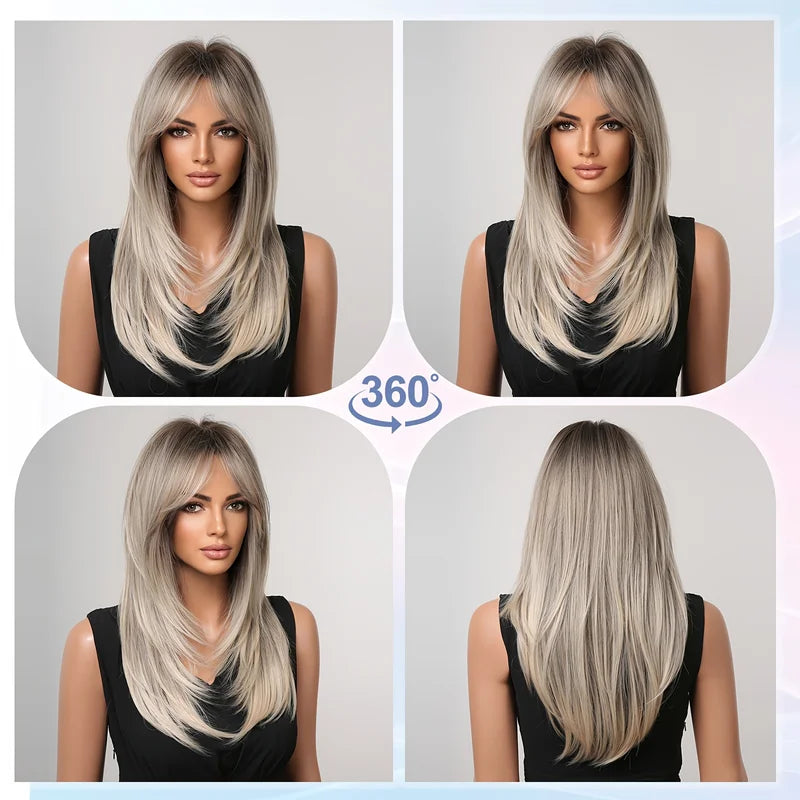 Ash Grey Brown Ombre Synthetic Wig with Curtain Bangs for Women - Layered, Straight Hair
