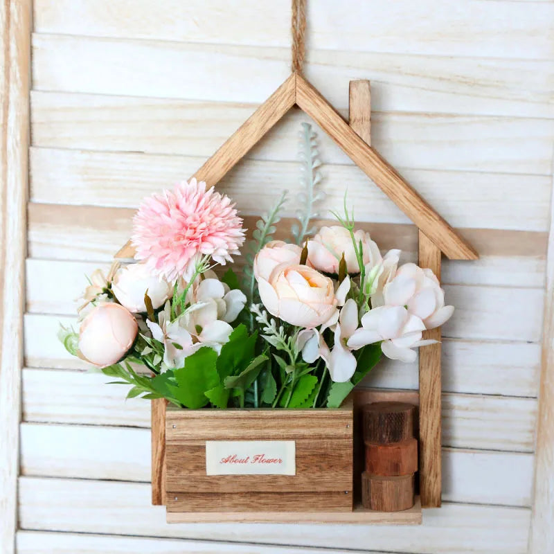 European Wooden Wall Planter with Rustic Hanging Basket for Living Room Decor