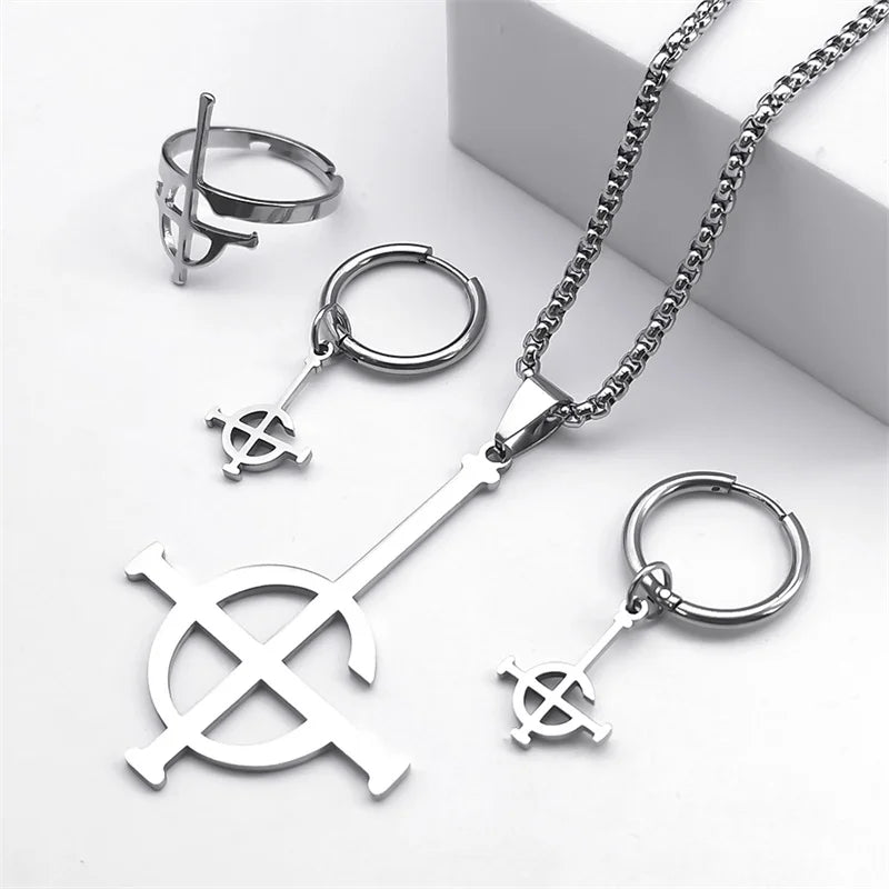 Ghost Rock Band Jewelry Set Stainless Steel Necklace Earrings Ring Gift