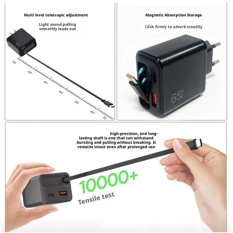 65W USB C Fast Wall Charger with Retractable Type-C Cable and Multi-Port PD QC3.0 Adapter