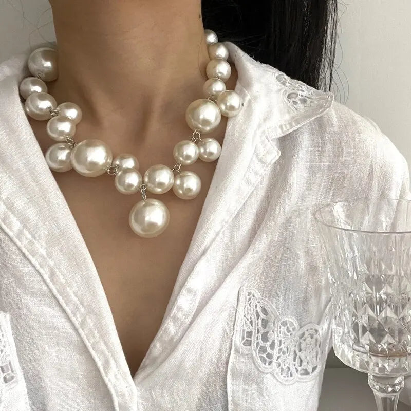 Elegant Imitation Pearl Necklace for Women Big Beads Choker Bridal Jewelry Gift