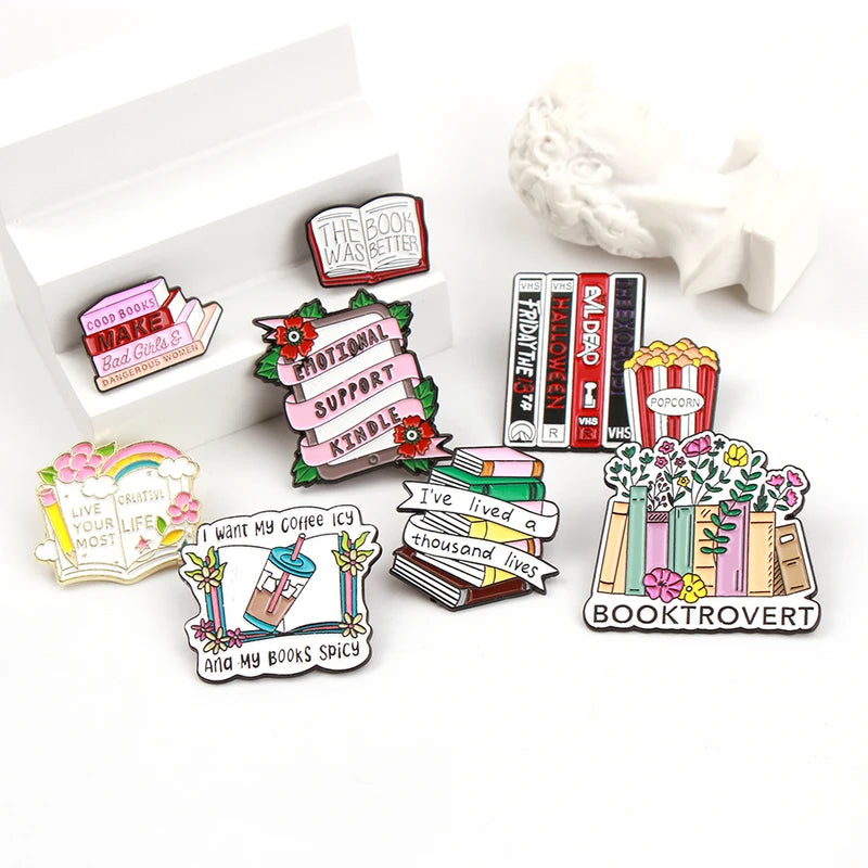 Cute Book Collection Enamel Pins Set - Letters Flowers Library Badge Brooch Jewelry Gift