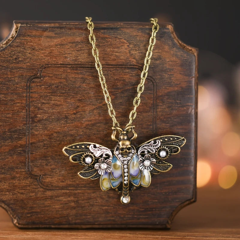 Vintage Boho Moth Pendant Necklace with Skull - Gift for Women, Daily Wear