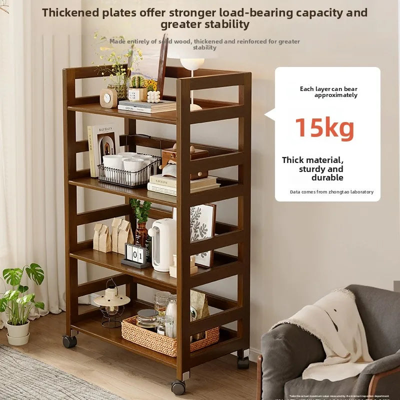 Solid Wood Mobile Storage Trolley Table - Living Room Kitchen Side Cabinet