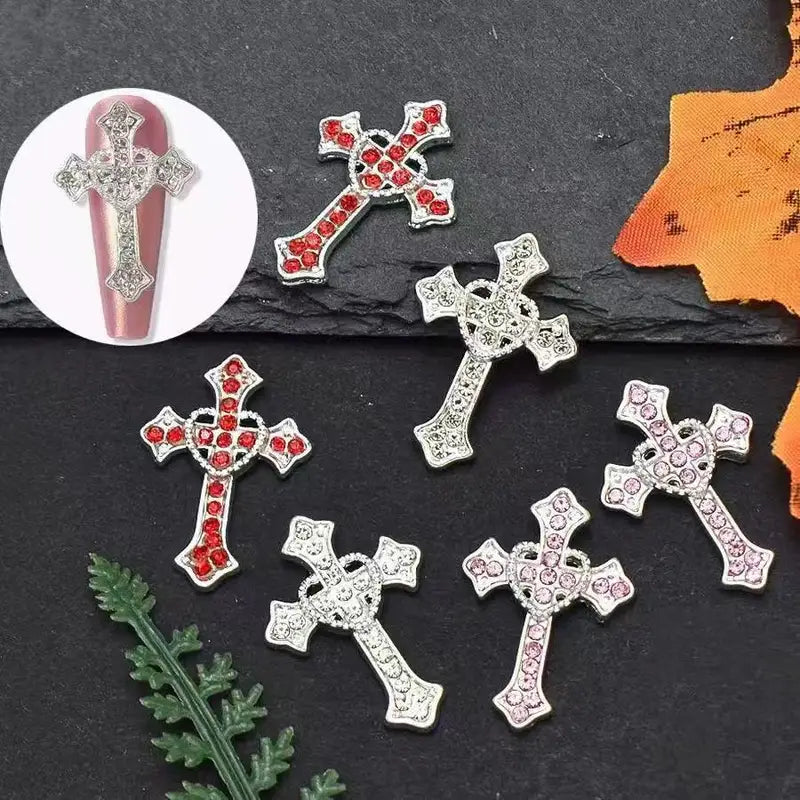 Luxury Cross Nail Art Charms Set - 5pcs 3D Rhinestones for Manicure DIY