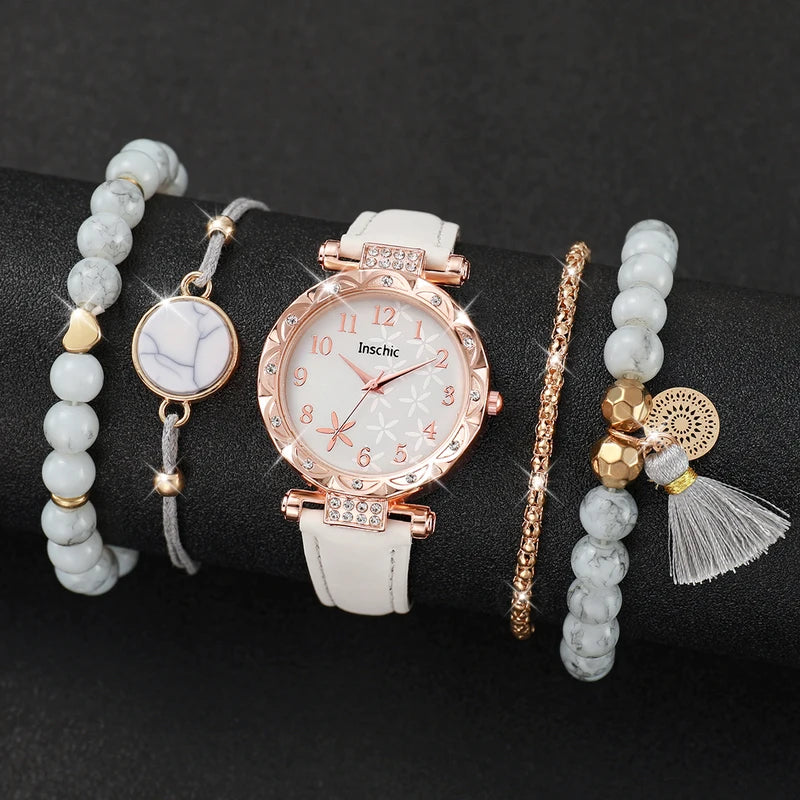 Women’s Fashion Flower Dial Quartz Watch Set with Leather Bands and Bracelets