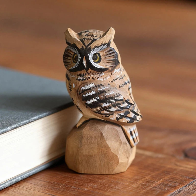 Hand Carved Wooden Owl Figurine Animal Decor Ornament - Home & Gift
