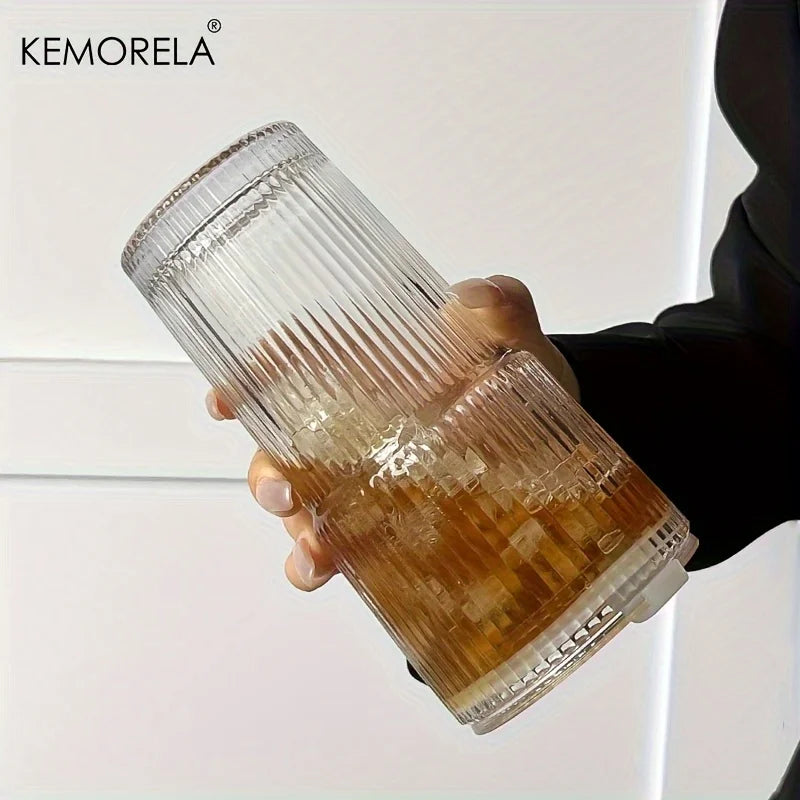 600ML Stripe Glass Coffee Cup with Lid and Straw - Transparent Drinkware for Cold Beverages
