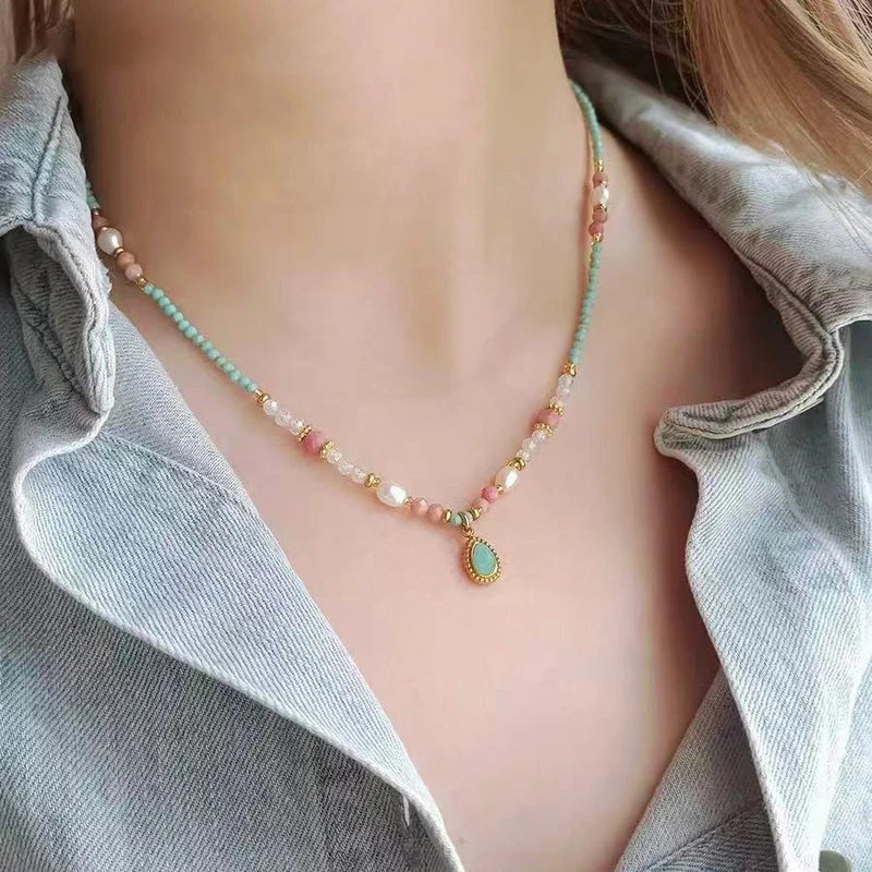 Natural Stone Pearl Bead Necklace with Water Drop Pendant - Women's Romantic Jewelry