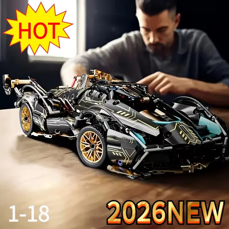 Wooden Building Block Racing Car Model - Black & Gold Desktop Decor Gift