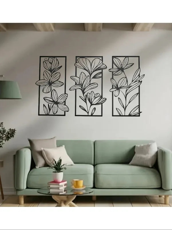 Iron Wall Art Decor 3-Piece Floral Metal Murals for Living Room Bedroom Home