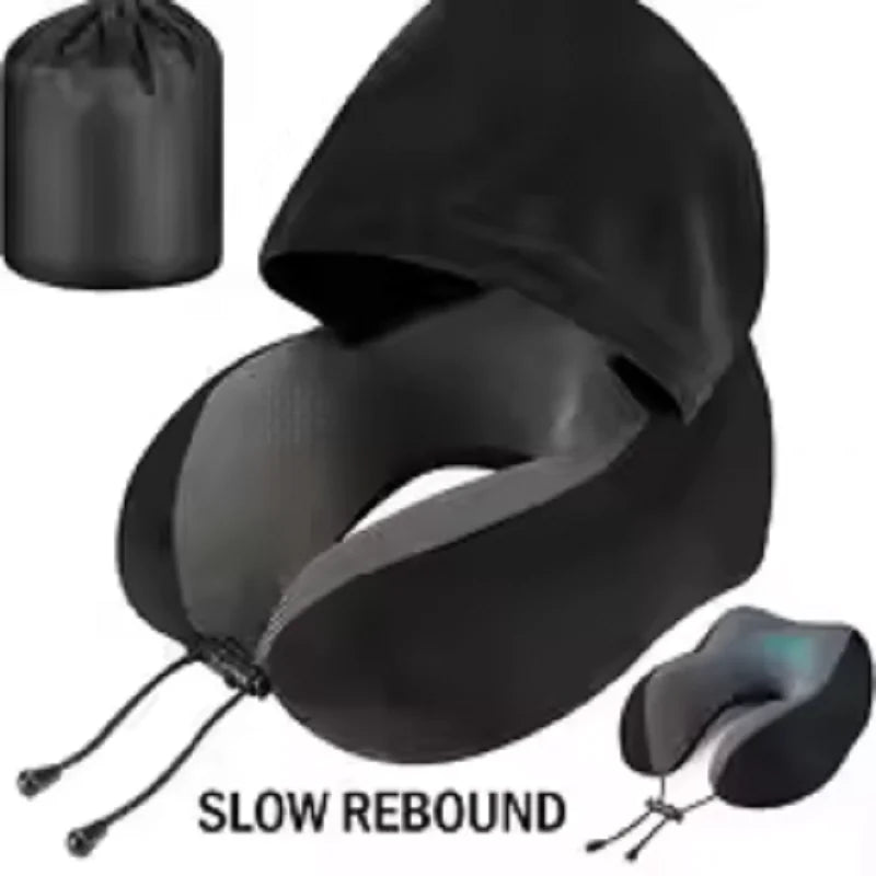 Travel Neck Pillow with Memory Foam & Hooded Design - Portable U-Shaped Support Cushion