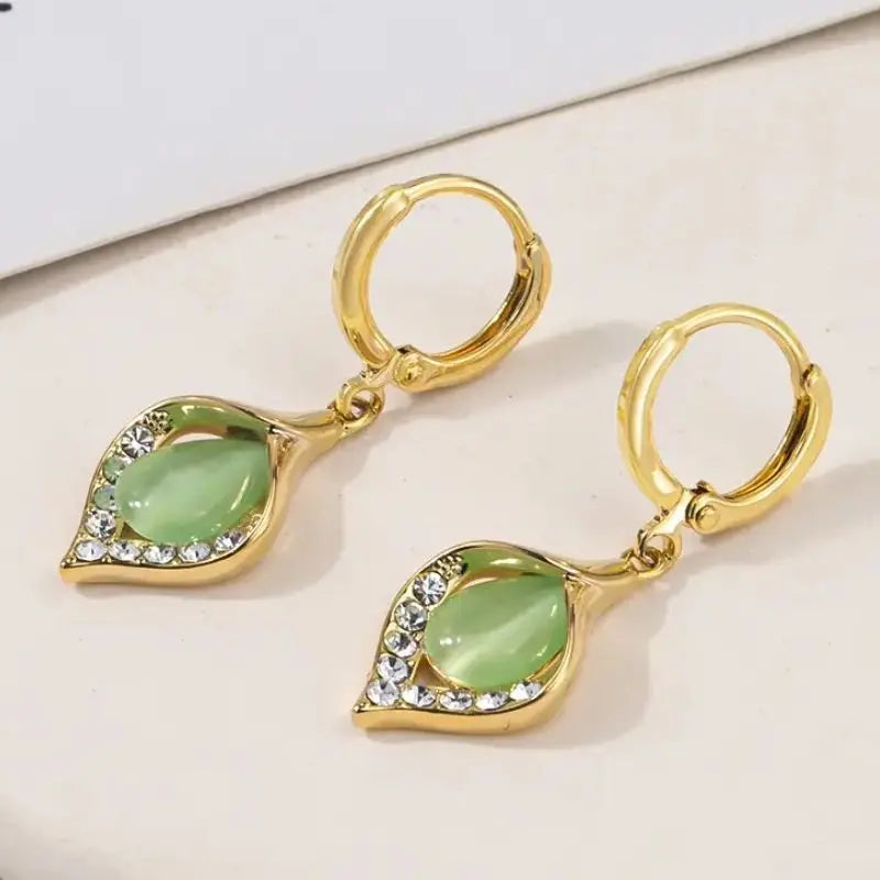 Green Water Drop Cat Eye Earrings for Women - Dangle Jewelry Gift