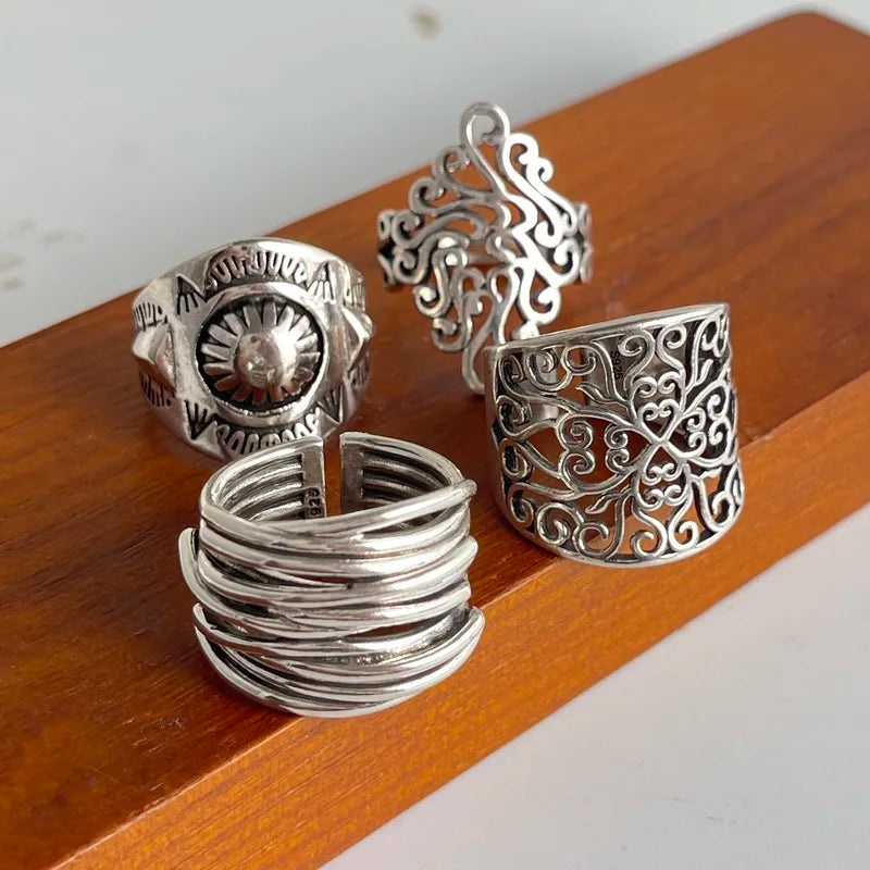 925 Sterling Silver Geometric Adjustable Ring for Women - Flower Hollow Design