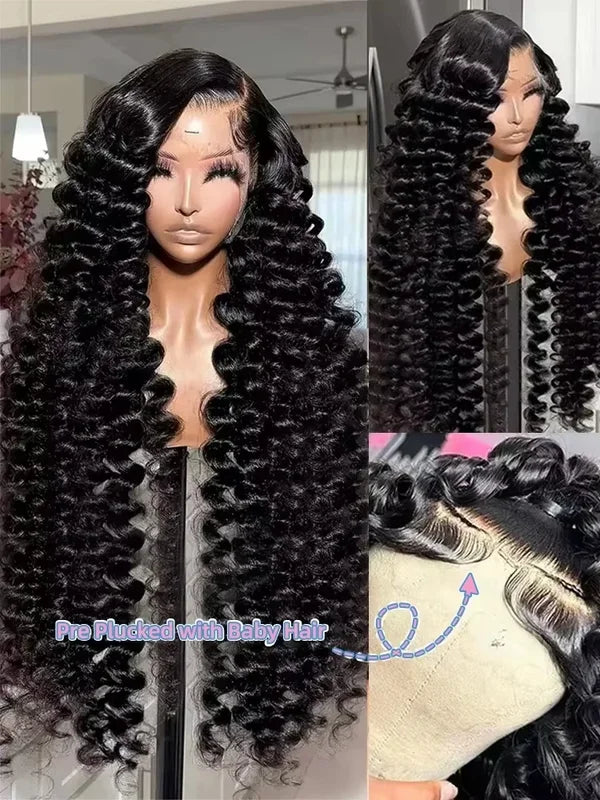 Deep Wave Human Hair Wig 13x6 HD Transparent Lace 220 Density Curly Front Wigs