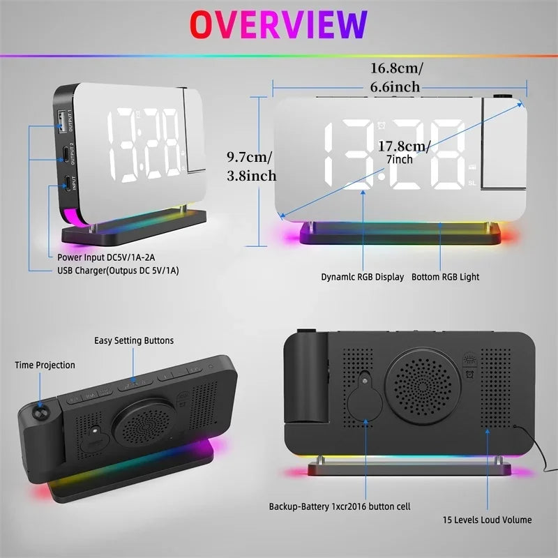 Digital Projection Alarm Clock with RGB Night Light & FM Radio
