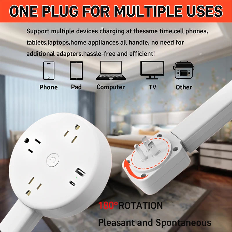 Telescopic Power Outlet Extender with 2 AC and USB Ports - 180° Rotatable Socket Expander