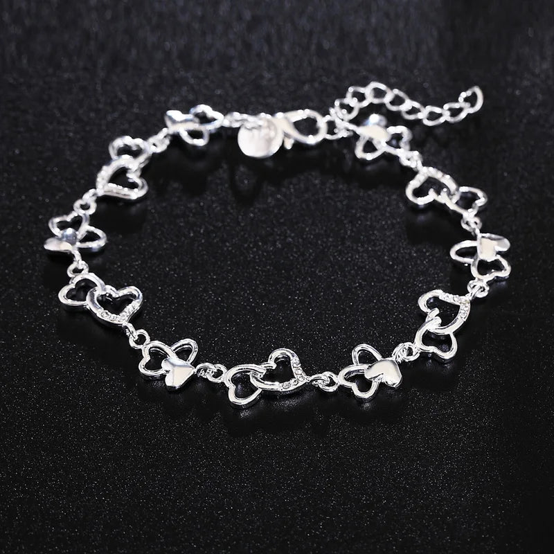 925 Sterling Silver Heart Flower Chain Bracelet for Women Jewelry
