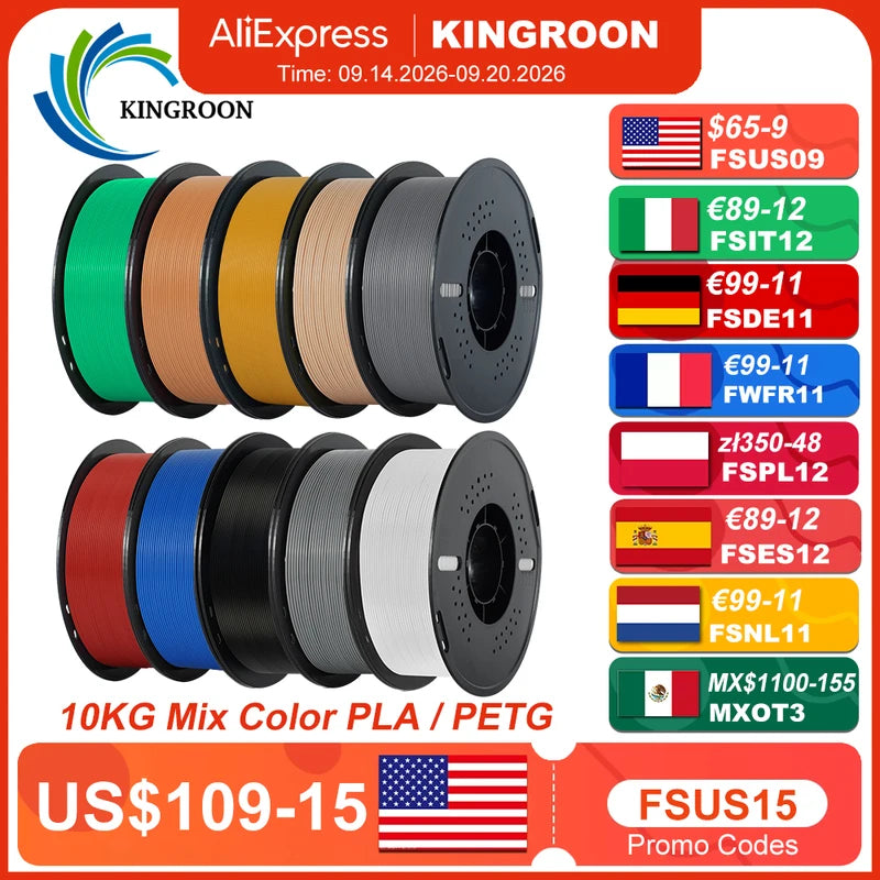3D Printer Filament Set - 10 Rolls 1KG Eco-Friendly PLA PETG Assorted Colors