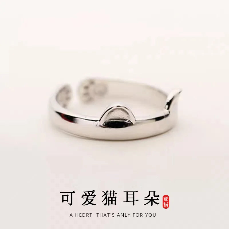Cute Cat Ear Slim Face Ring in 925 Sterling Silver — Fashion Animal Jewelry