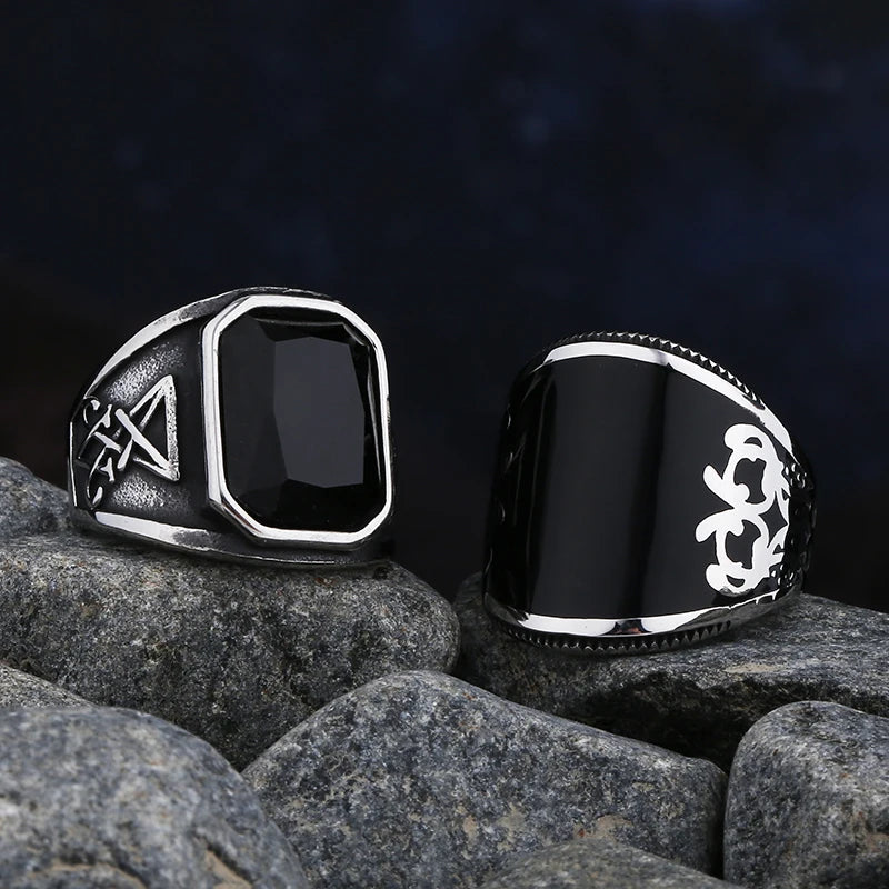 Unisex Stainless Steel Wedding Ring with Black Agate Stone - High-Quality Jewelry