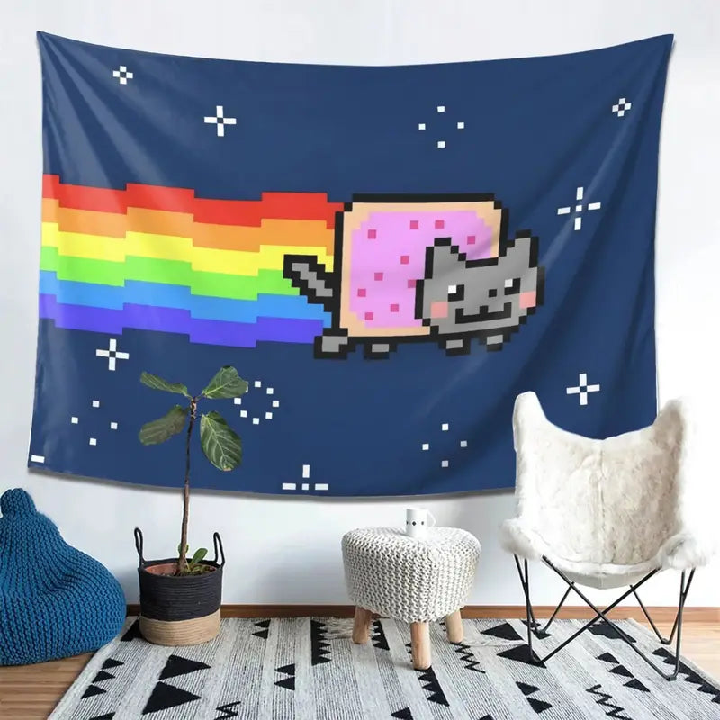 Pixel Art Cat Tapestry Wall Hanging for Bedroom Living Room Decor