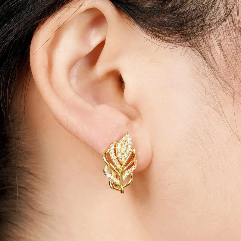 Leaf Shaped Hoop Earrings for Women Gold Color Cubic Zirconia Bridal Jewelry