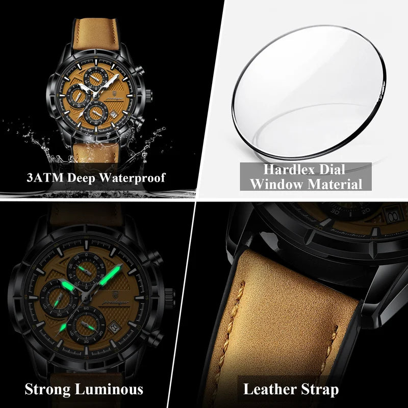 Men's Waterproof Luminous Quartz Chronograph Watch with Leather Strap