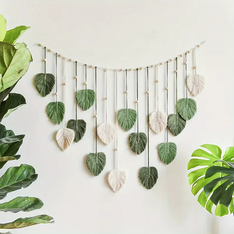 Woven Wall Decor with Green Leaves and Feathers - Bohemian Style Home Art