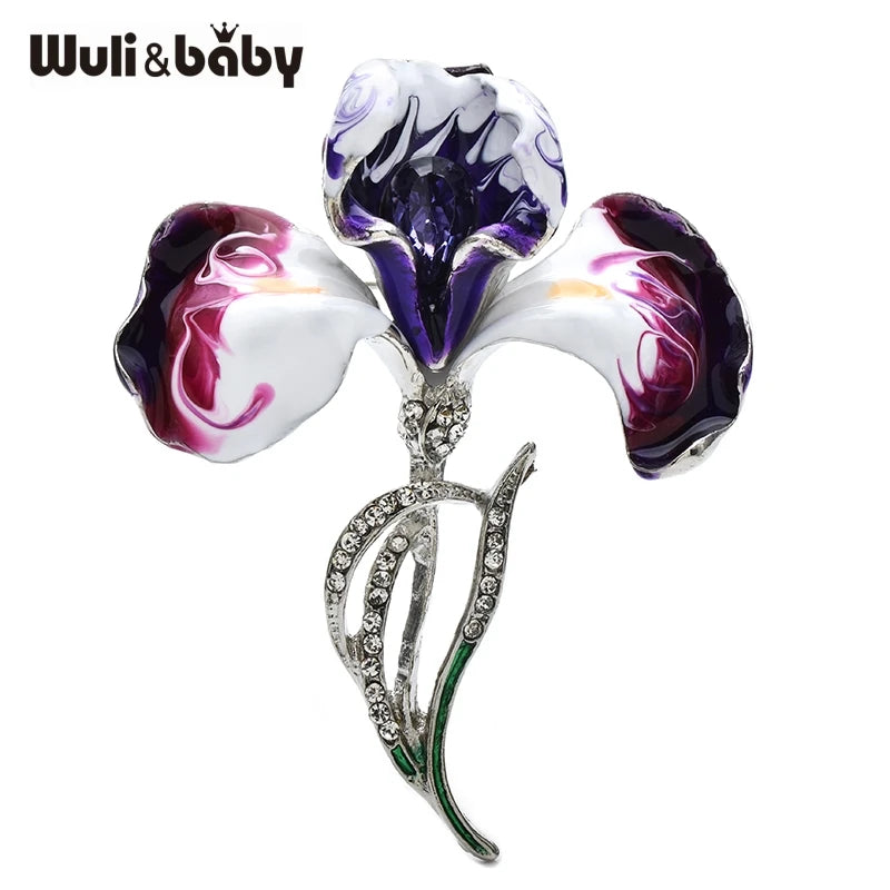 Enamel Orchid Flower Brooch for Women - Rhinestone Elegant Plant Pin Jewelry