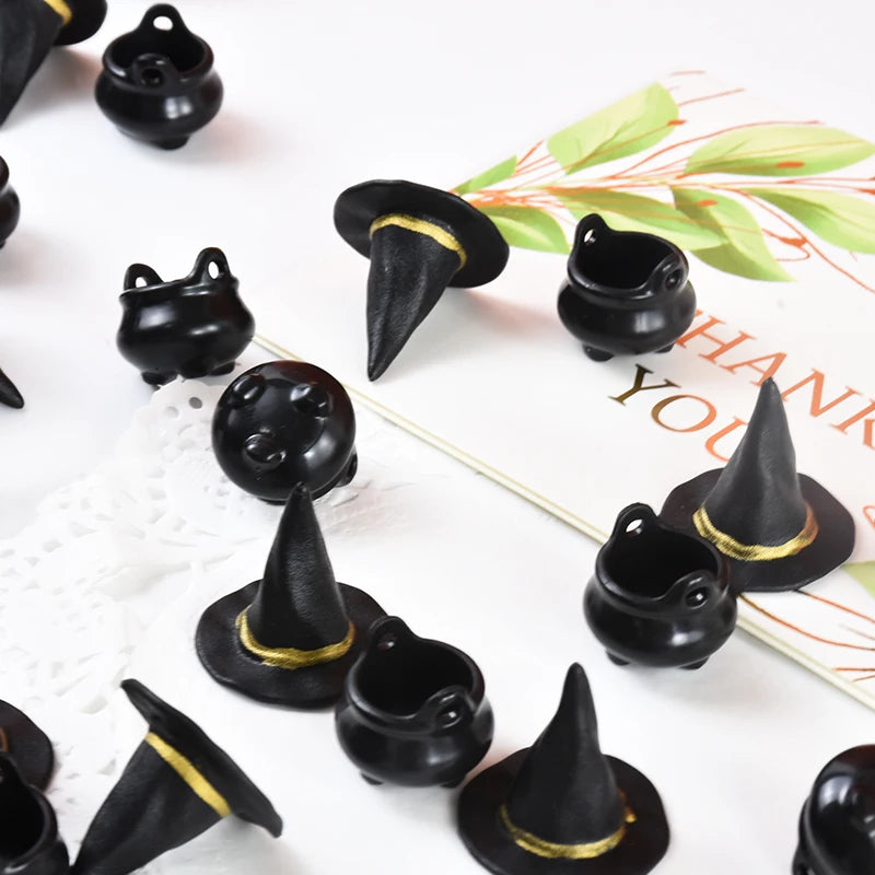 Halloween Miniature Witch Hats Set - Resin Cauldron Props for Party & Decor