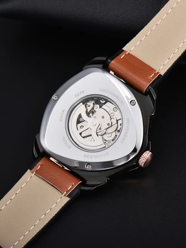 Men's Automatic Skeleton Watch with Leather Strap Waterproof and Luminous Dial
